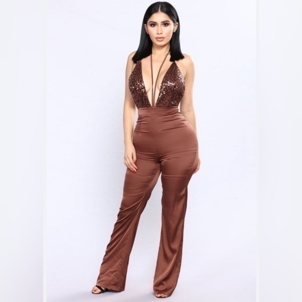 Miss Avenue brown sequins open back jumpsuit
